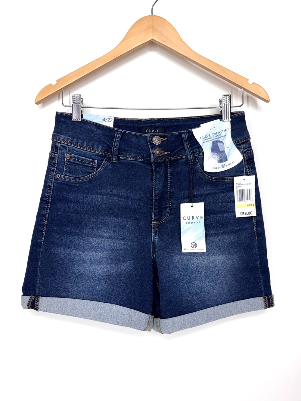 Curve Appeal Whiskered Dark Wash Denim Cuffed Hem High Rise Jean Shorts Nwt